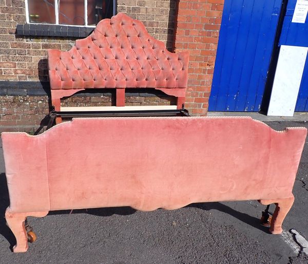 A VINTAGE PINK VELVET UPHOLSTERED BED