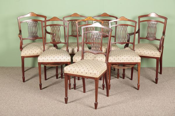 A SET OF EIGHT EDWARDIAN MAHOGANY AND MARQUETRY DINING CHAIRS