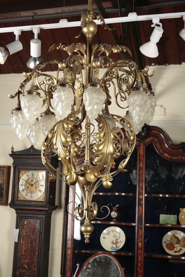 A VICTORIAN GILT METAL TEN BRANCH CHANDELIER