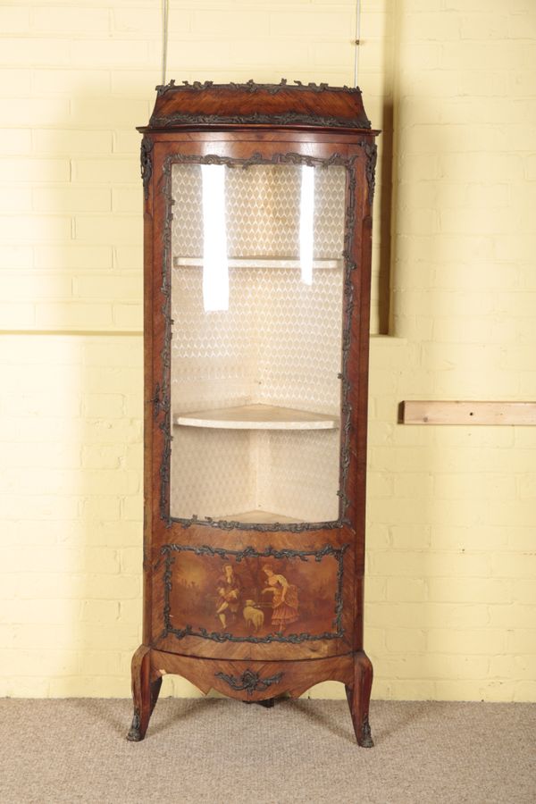 A LOUIS XVI STYLE ROSEWOOD AND MARQUETRY CORNER CABINET