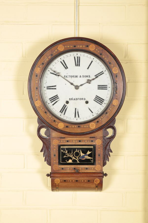 A VICTORIAN WALNUT AND PARQUETRY DROP DIAL WALL CLOCK BY FATTORINI & SONS