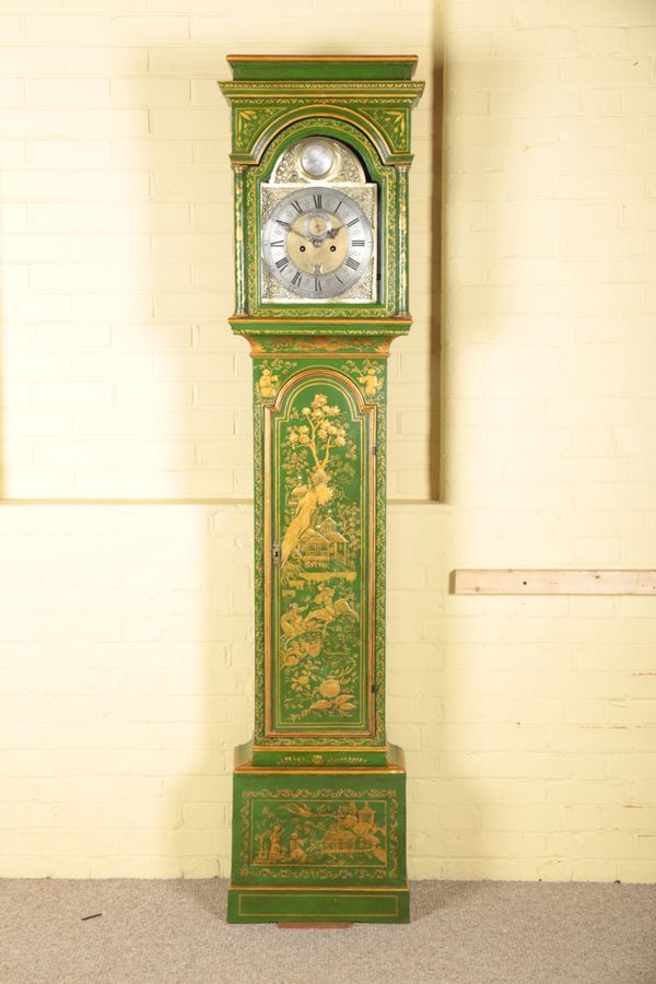 A GEORGE III GREEN JAPANNED LONGCASE CLOCK BY JOSEPH HEELEY, DEPTFORD