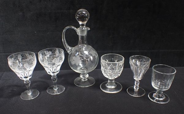 A PAIR OF VINE ETCHED GLASSES AND A DECANTER