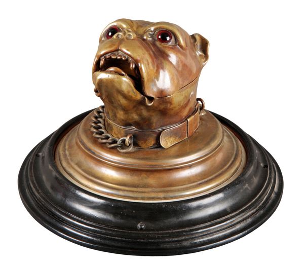 A BRONZE BULLDOG HEAD INKWELL