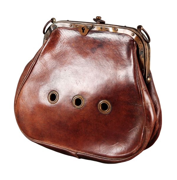 AN EDWARDIAN LEATHER FERRET BAG WITH BRASS FRAME AND BREATHING HOLES