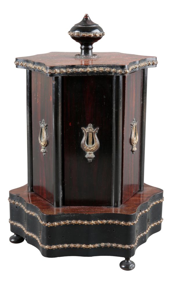 A ROSEWOOD AND EBONISED MUSICAL CIGAR BOX