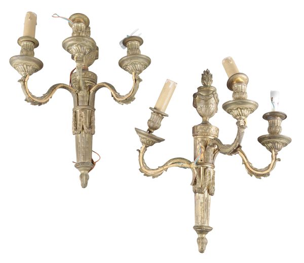 A PAIR OF GILT-METAL THREE BRANCH WALL LIGHTS