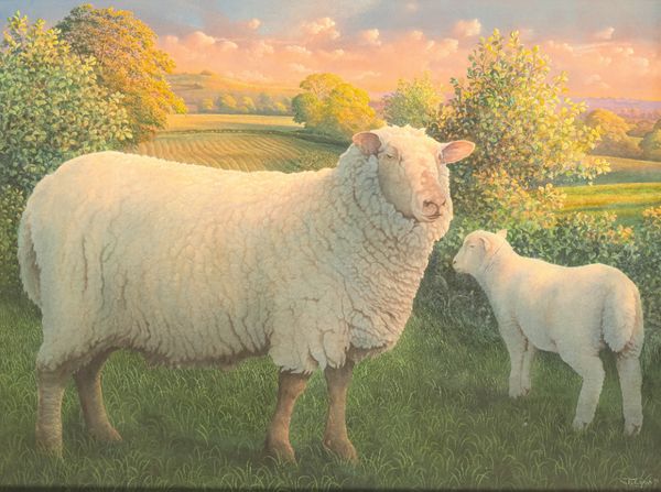 *JAMES LYNCH (B.1956) A sheep with lamb in a landscape