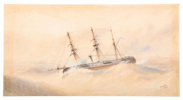 LOUIS NEVILLE (1852-1919) Three-masted ship on a stormy sea