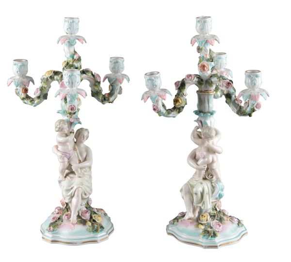 A PAIR OF SITZENDORF PORCELAIN FIGURAL CANDELABRA