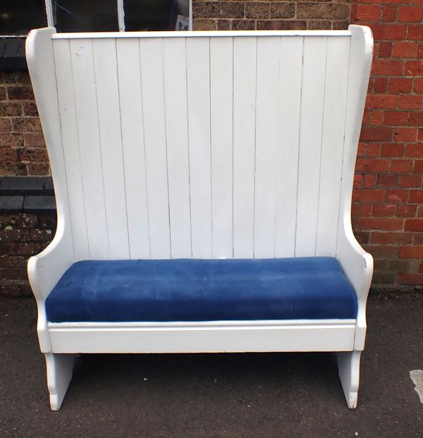 A PINE HALL SETTLE, PAINTED WHITE