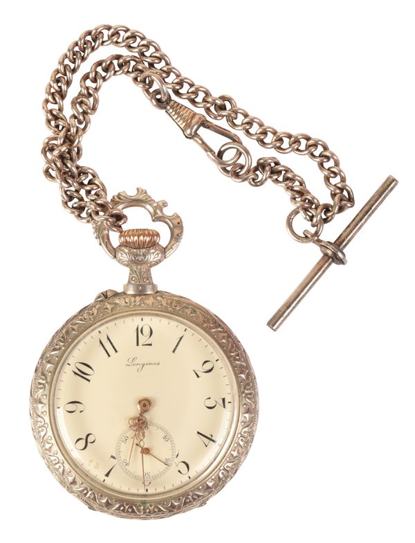 LONGINES: A GENTLEMAN'S SILVER OPEN FACE POCKET WATCH