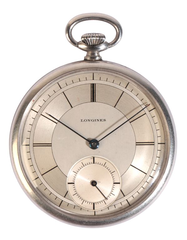 LONGINES: A GENTLEMAN'S OPEN FACE STAINLESS STEEL POCKET WATCH