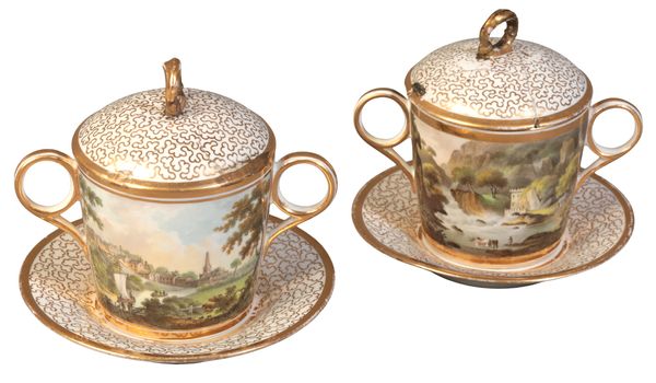 A PAIR OF CHAMBERLAIN'S WORCESTER PORCELAIN CHOCOLATE CUPS, COVERS AND STANDS