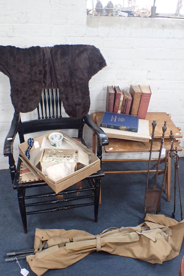 TWO MID-CENTURY MODERN TABLES, A CHAIR, A FUR CAPE