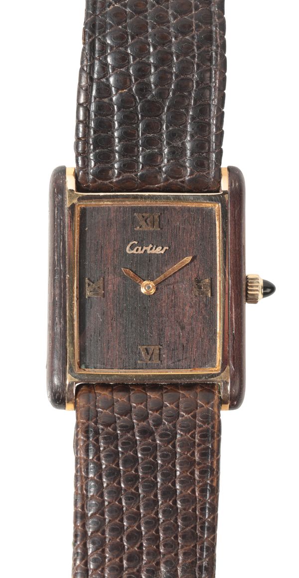 CARTIER: A GENTLEMAN'S GOLD-PLATED AND WOOD WRISTWATCH