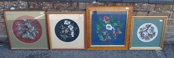 FOUR ASSORTED BEADWORK FLORAL PICTURES