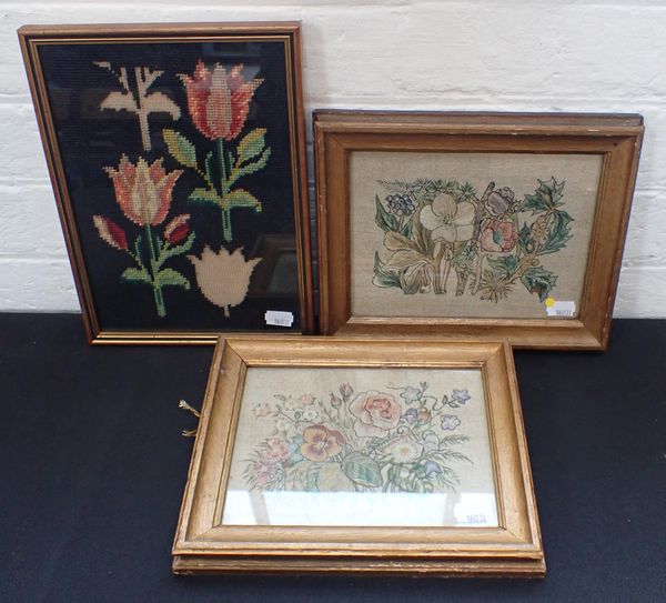 A PAIR OF SMALL EMBROIDERED FLORAL PICTURES