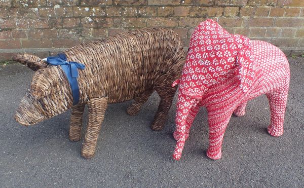 A WOVEN RUSH PIG, AND AN INDIAN TEXTILE ELEPHANT