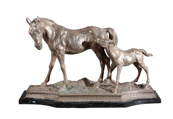 A SILVER-PLATED GROUP OF MARE AND FOAL