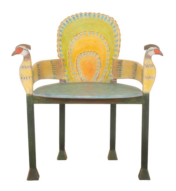 *GERARD RIGOT (b. 1929) A CARVED AND PAINTED 'PEACOCK' CHAIR