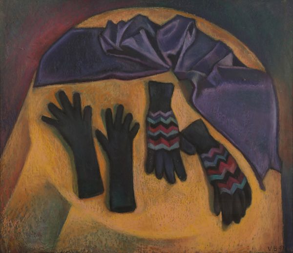 *VALERIE BARDEN (BUSTON) (b. 1938) Still life study of gloves and a purple scarf on a circular table with yellow tablecloth