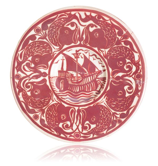 WILLIAM DE MORGAN FOR FULHAM POTTERY:A RUBY LUSTRE POTTERY DISH