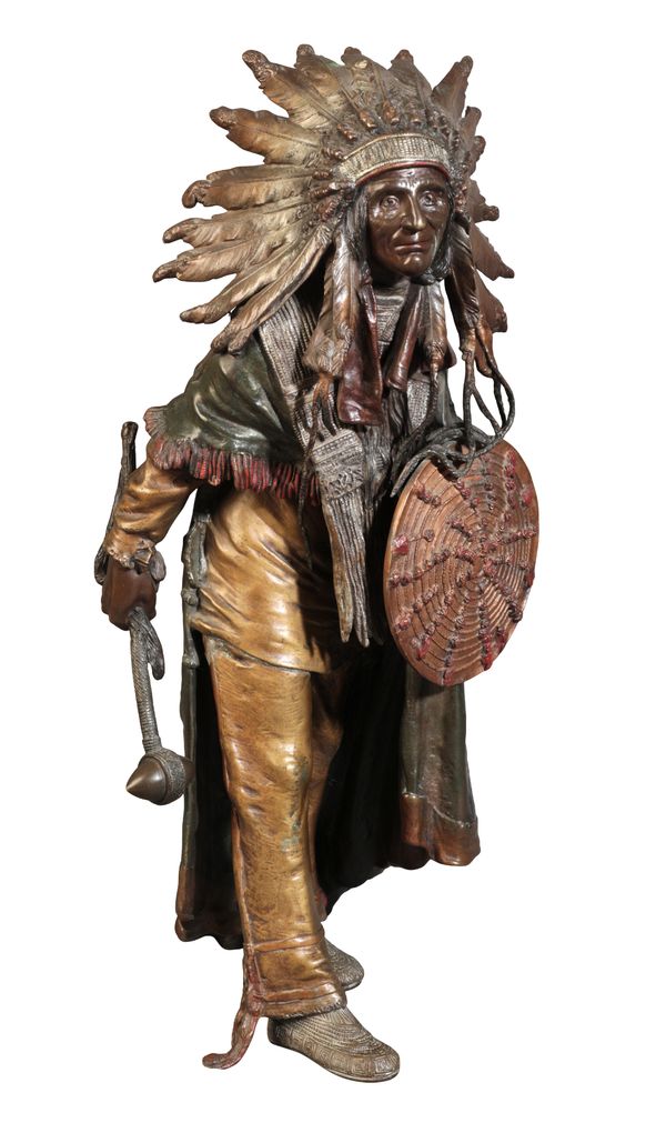 AFTER CARL KAUBA (1865-1922) A LARGE AUSTRIAN COLD-PAINTED BRONZE FIGURE OF A NATIVE AMERICAN CHIEF