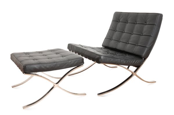 AFTER LUDWIG MIES VAN DER ROHE (1886-1969): A 'BARCELONA' TYPE CHAIR AND FOOT STOOL