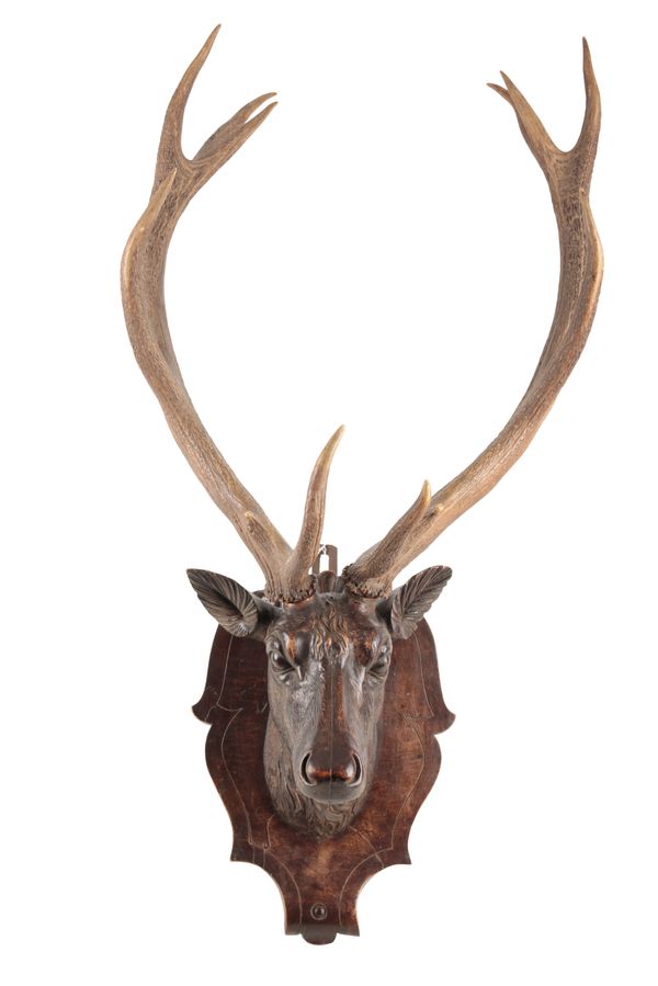 AN EARLY 19TH CENTURY CARVED WOODEN STAG'S HEAD