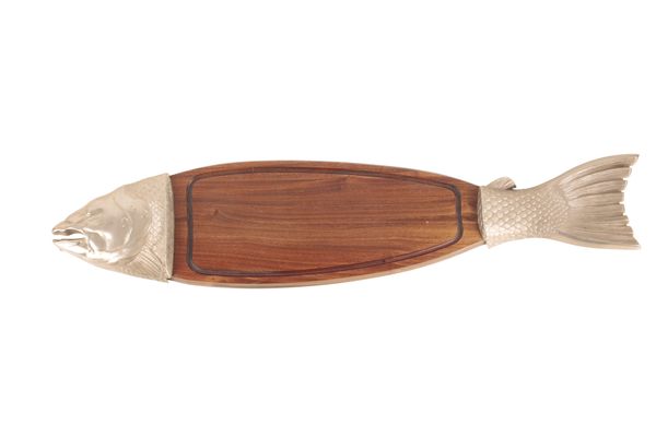 A TEAK AND METAL FISH BOARD