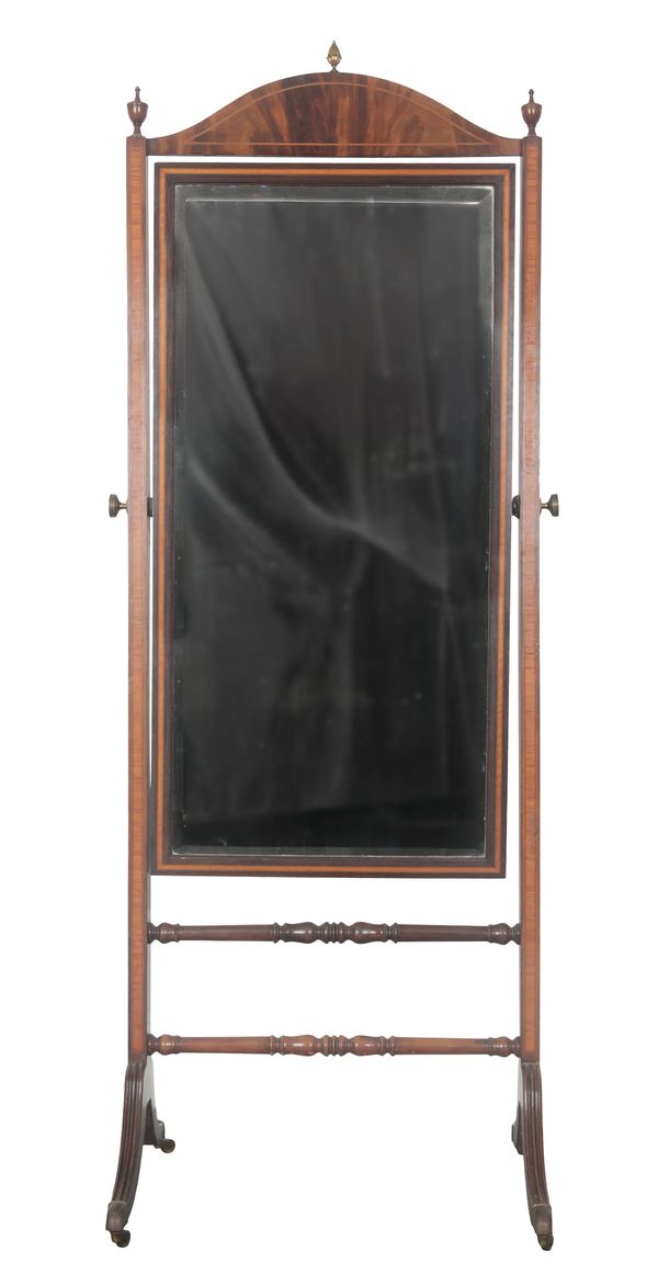 AN EDWARDIAN MAHOGANY AND SATINWOOD INLAID CHEVAL MIRROR