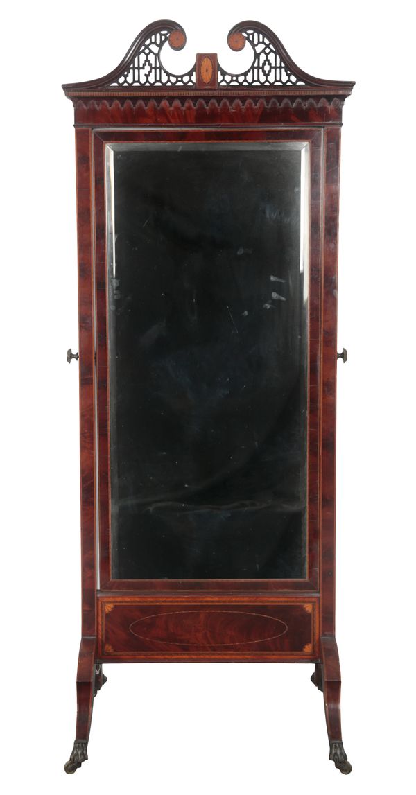 AN EDWARDIAN MAHOGANY AND SATINWOOD STRUNG CHEVAL MIRROR