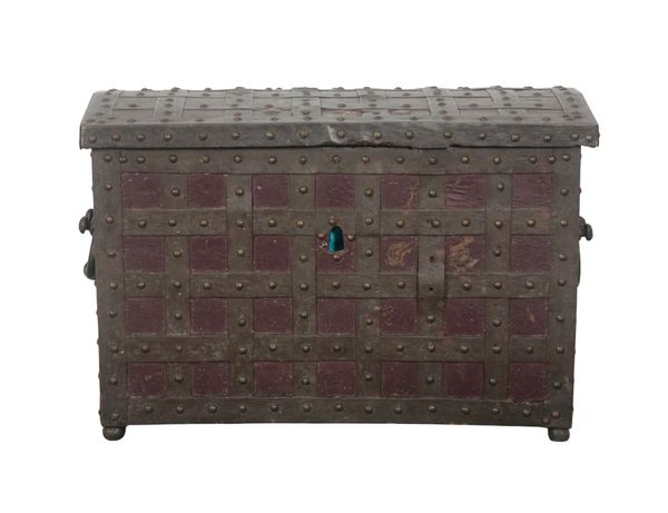 A CONTINENTAL STRONG BOX WITH LATTICED IRON STRAPWORK