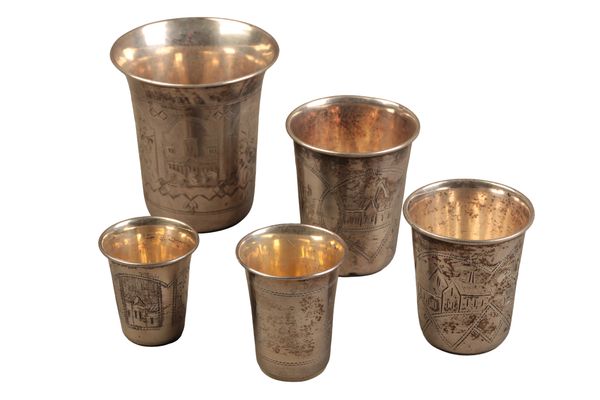 A SET OF FIVE RUSSIAN SILVER KIDDISH CUPS