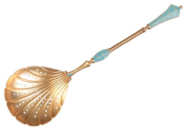 A NORWEGIAN SILVER GILT CHAMPLEVÉ ENAMEL SIFTER SPOON