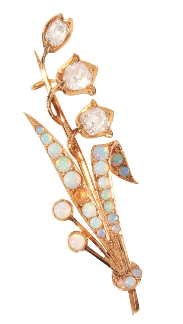 A LILY OF THE VALLEY OPAL AND DIAMOND BROOCH