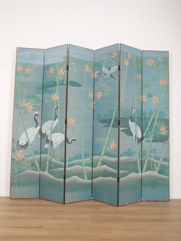 A JAPANESE SIX-FOLD SCREEN OF MANCHURIAN CRANES