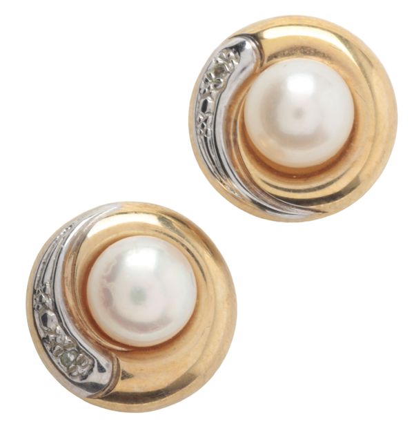 A PAIR OF PEARL AND DIAMOND STUD EARRINGS