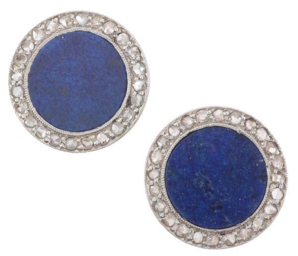 A PAIR OF LAPIS AND DIAMOND STUD EARRINGS