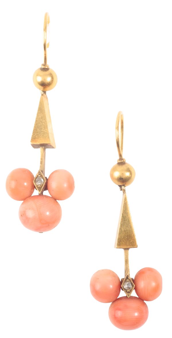 A VINTAGE PAIR OF CORAL AND DIAMOND DROP EARRINGS