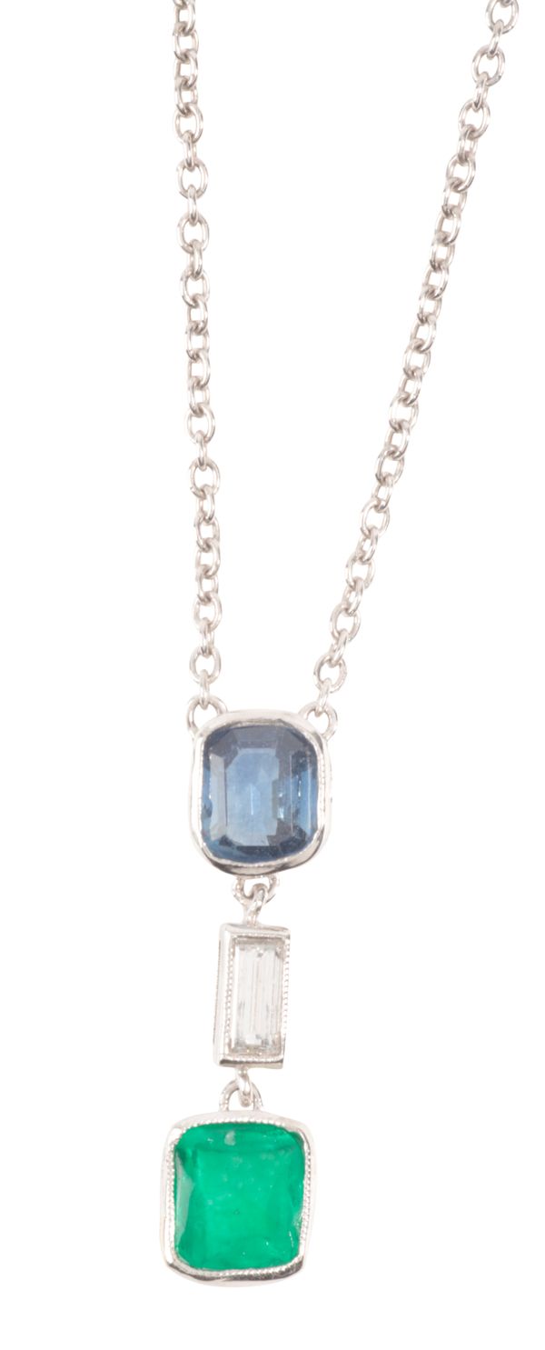 AN EMERALD, SAPPHIRE AND DIAMOND PENDANT NECKLACE