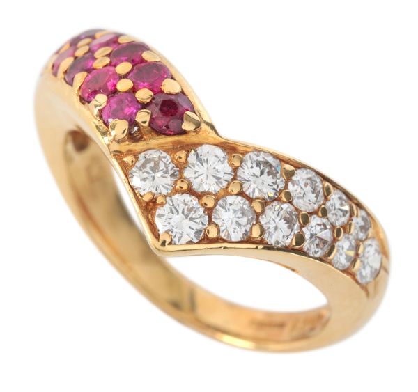 A RUBY AND DIAMOND WISHBONE RING