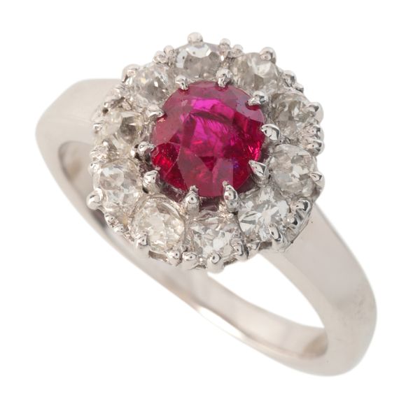 A RUBY AND DIAMOND CLUSTER RING
