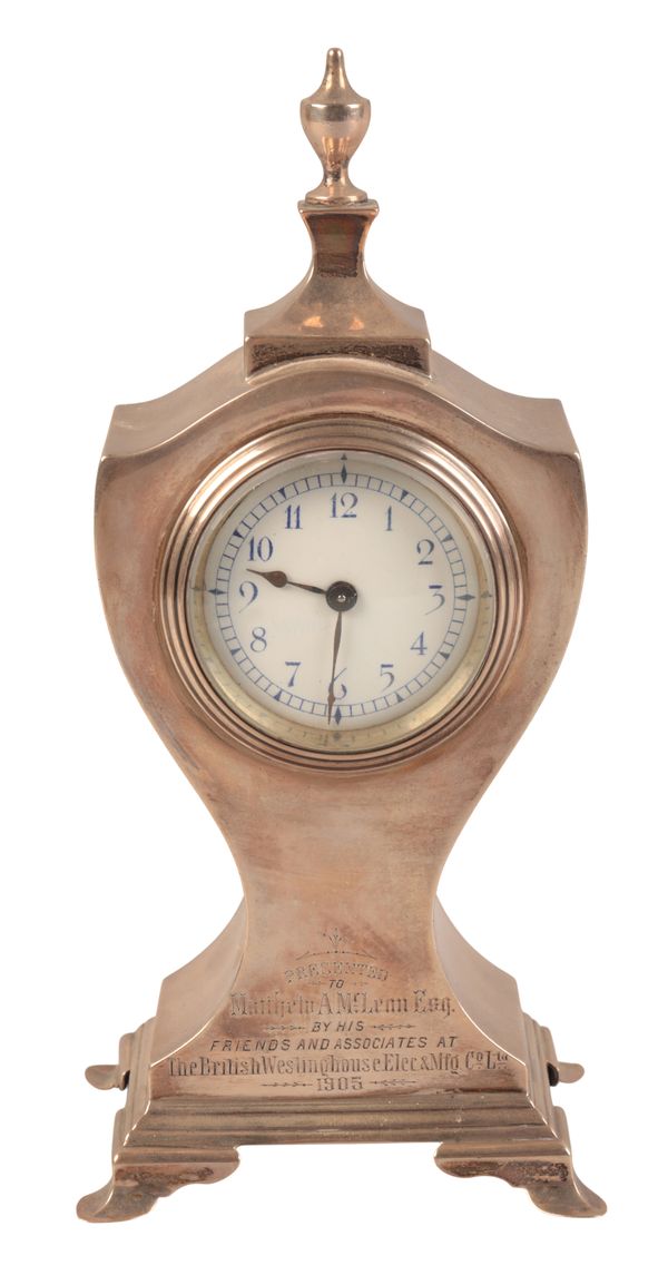 AN EDWARD VII SILVER ‘SHERATON REVIVAL’ MANTEL TIMEPIECE