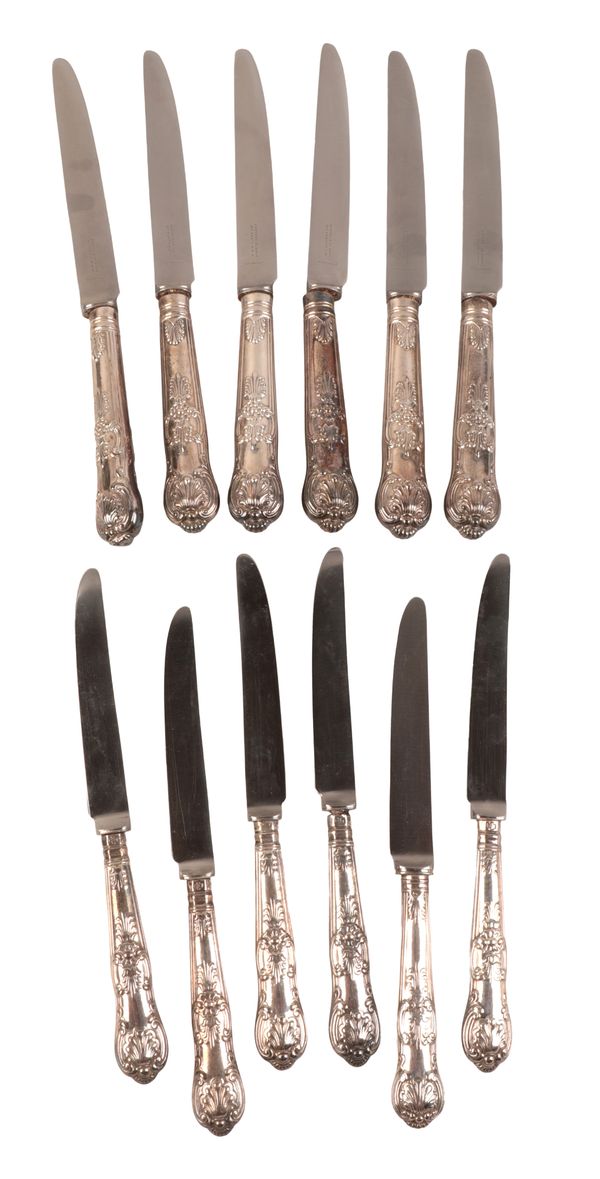 A SET OF SIX VICTORIAN SILVER HANDLED KINGS PATTERN TABLE KNIVES