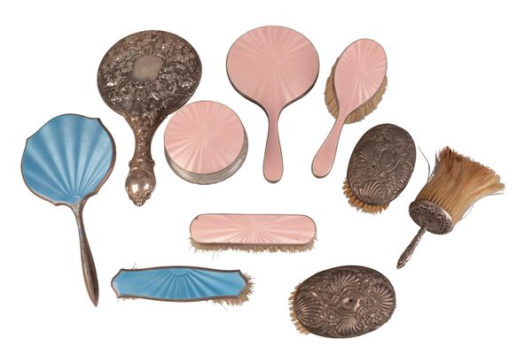 AN ELIZABETH II SILVER AND PINK GUILLOCHE ENAMELLED DRESSING TABLE SET