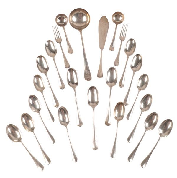 A VICTORIAN SILVER OLD ENGLISH RAT TAIL PATTERN PART CUTLERY SERVICE