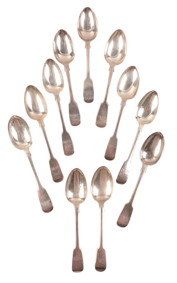 FIVE VICTORIAN SILVER FIDDLE PATTERN DESSERT SPOONS