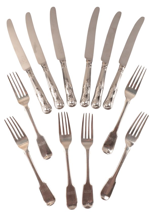 SIX GEORGE III AND LATER SILVER FIDDLE PATTERN TABLE FORKS